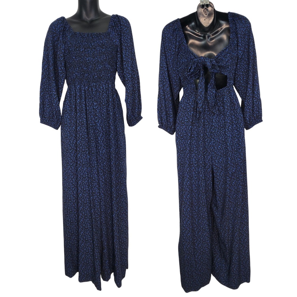 Madewell Lucie Tie-Back Smocked Jumpsuit Size 2 Blue‎ Floral Long Sleeve NWT